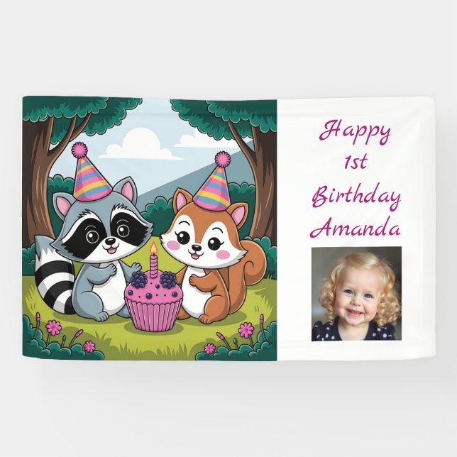 Squirrel and Racoon cute Birthday Personalised Banner (Horizontal)