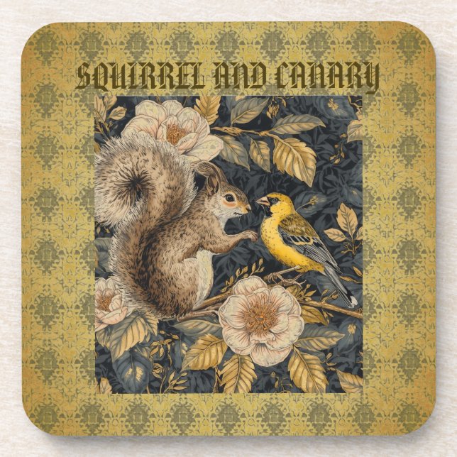 Squirrel and Yellow Canary with Flowers Pattern Coaster (Front)