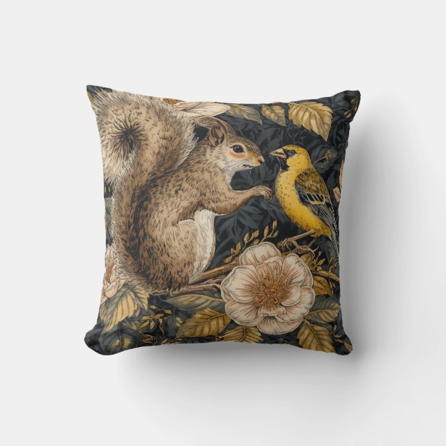 Squirrel and Yellow Canary with Flowers Pattern Cushion (Front)