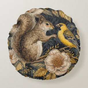 Squirrel and Yellow Canary with Flowers Pattern Round Cushion