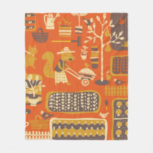 squirrel are in a garden, vintage hand drawn illus fleece blanket