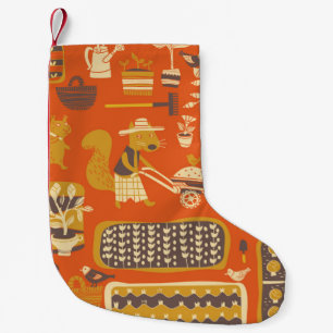 squirrel are in a garden, vintage hand drawn illus small christmas stocking