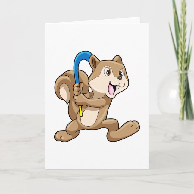 Squirrel at Field hockey with Hockey stick Card (Front)
