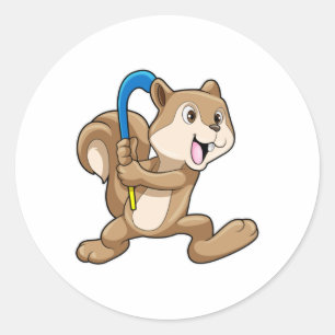 Squirrel at Field hockey with Hockey stick Classic Round Sticker