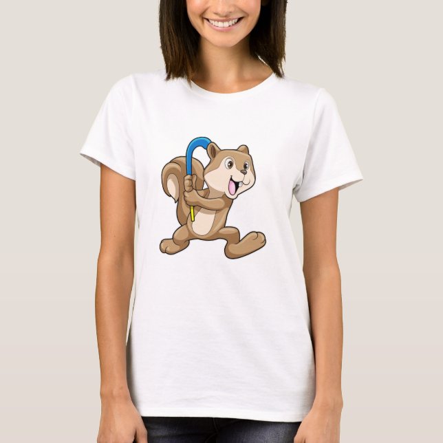 Squirrel at Field hockey with Hockey stick T-Shirt (Front)