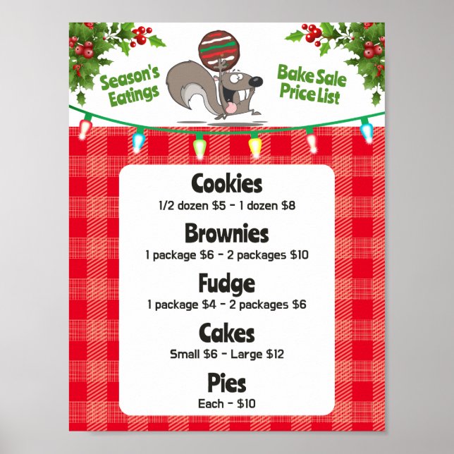 Squirrel bake sale holiday personalised price list poster (Front)