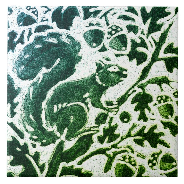 Squirrel Batik Modern Green Blue Floral Woodland Tile (Front)