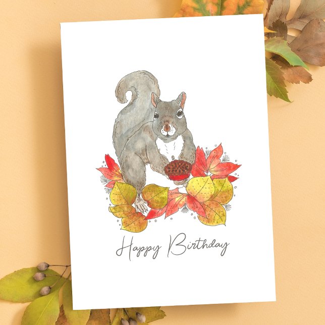 Squirrel Birthday Pie Card (Cute Autumn Squirrel Watercolor Birthday Card)