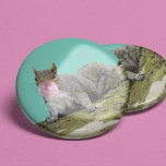 Squirrel Blowing a Bubblegum Bubble Animal Photo 6 Cm Round Badge<br><div class="desc">Add some fun to your outfit with this quirky,  but cute button. The photo collage depicts a gray squirrel on the side of a mossy tree blowing a bubble with some pink bubblegum.</div>