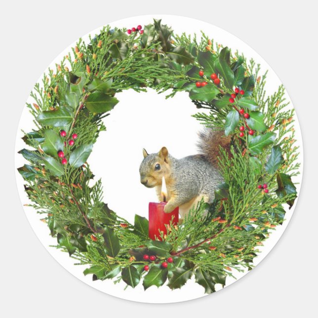 Squirrel Candle Wreath Classic Round Sticker (Front)