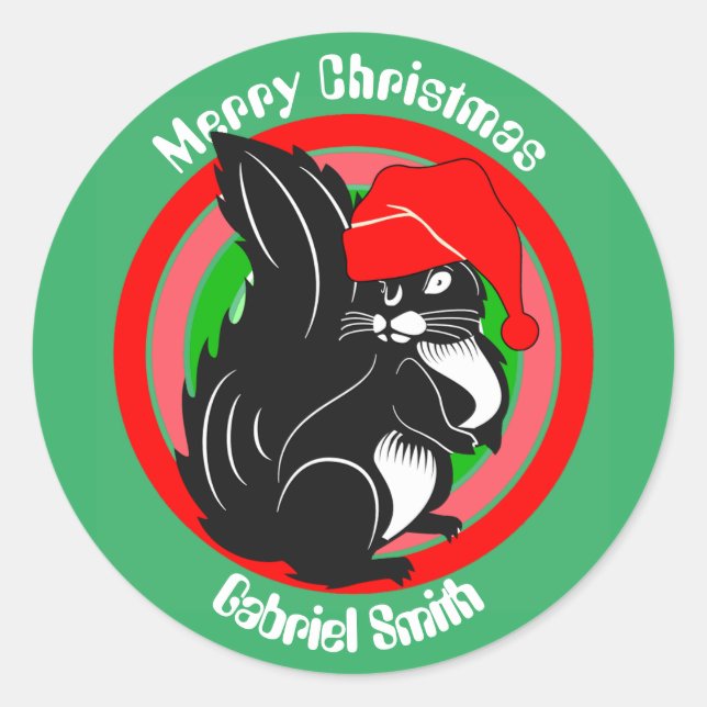 squirrel christmas gifts, personalised name classic round sticker (Front)