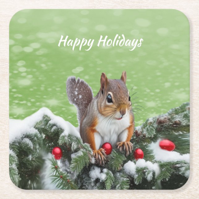 Squirrel Christmas Holidays Paper Coaster (Front)
