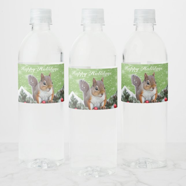 Squirrel Christmas Holidays Water Bottle Water Bottle Label (Bottles)