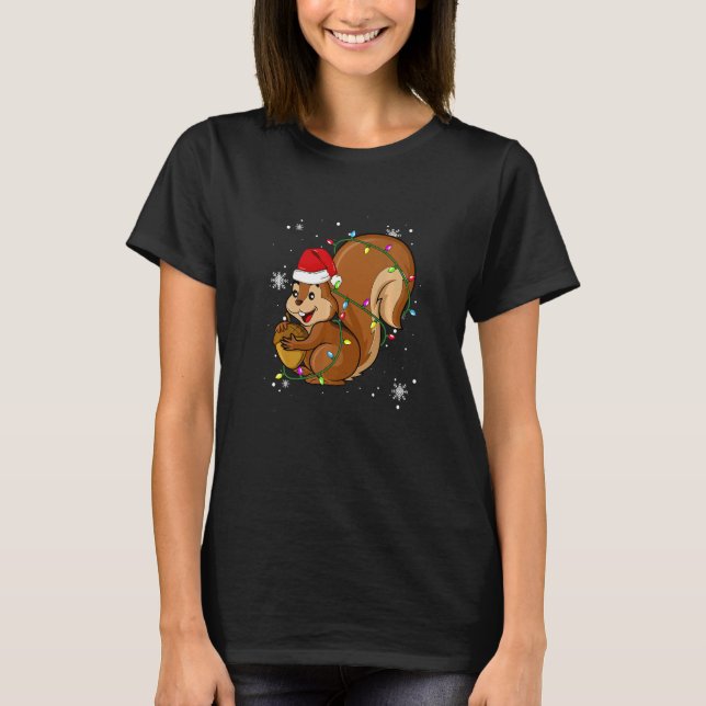 Squirrel Christmas Lights Led  Santa Hat Christmas T-Shirt (Front)