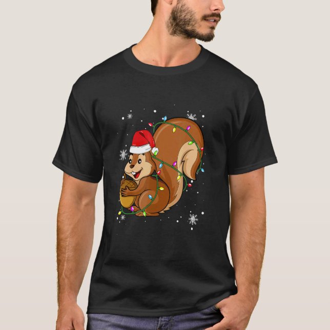 Squirrel Christmas Lights Led Santa Hat Christmas T-Shirt (Front)