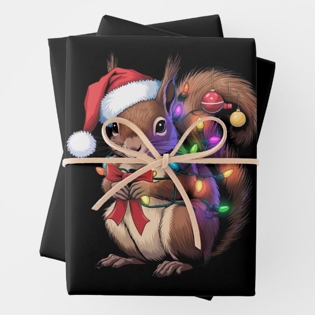 Squirrel Christmas Lights Xmas Party Family Wrapping Paper Sheet (In situ)