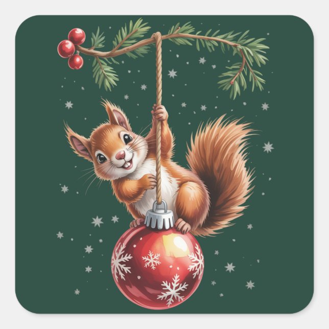 Squirrel Christmas Winter Snowflake Winter Holiday Square Sticker (Front)