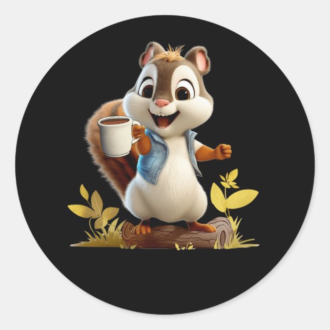 Squirrel Coffee Cup Funny Coffee Drinking Squirrel Classic Round Sticker (Front)
