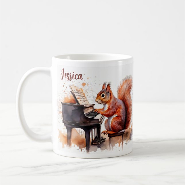 Squirrel Cute Animal and Piano Personalised Name Coffee Mug (Left)