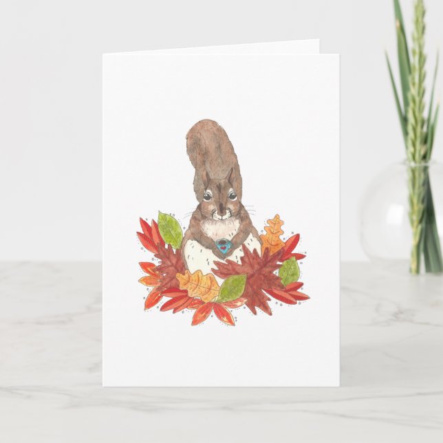 Squirrel Drinks Coffee in Fall Leaves Card (Front)