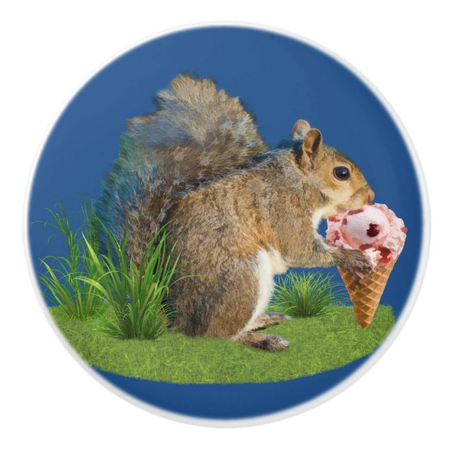 Squirrel Eating Ice Cream Cone Ceramic Knob (Front)