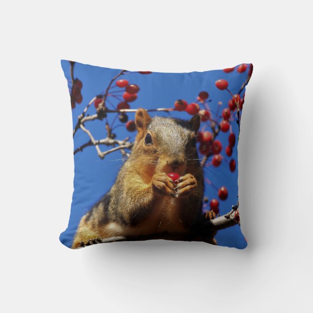 Squirrel  eating Red Berry's Throw Pillow (Front)