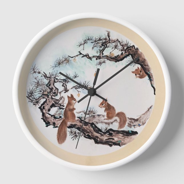 Squirrel Family "Hide and Seek" Cute Wall Clock (Front)