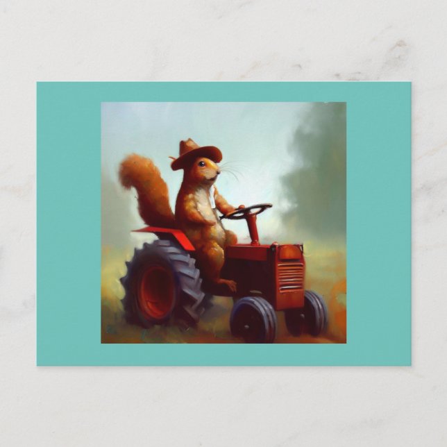 Squirrel Farmer on a Tractor Postcard (Front)