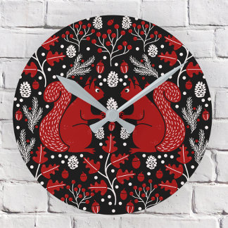 Squirrel Forest Woodland Dark Round Clock