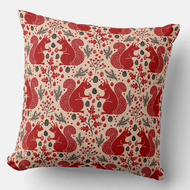 Squirrel Forest Woodland Pattern Cushion (Squirrels in the Forest woodland art throw pillow)