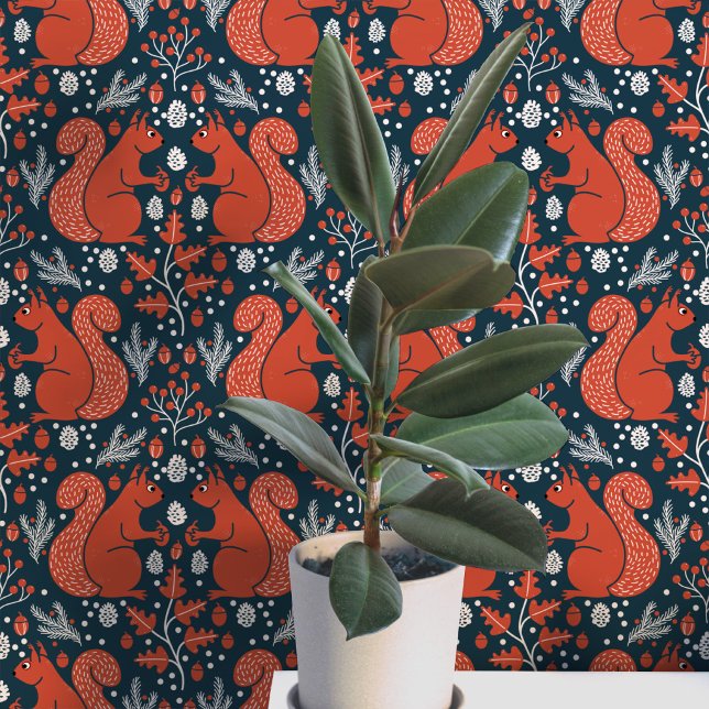 Squirrel Forest Woodland Pattern Wallpaper (Modern Squirrel woodland forest peel and stick wallpaper)