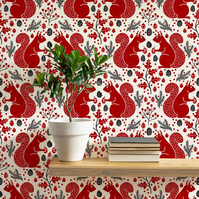 Squirrel Forest Woodland Pattern Wallpaper (Modern squirrel woodland forest pattern peel and stick wallpaper)