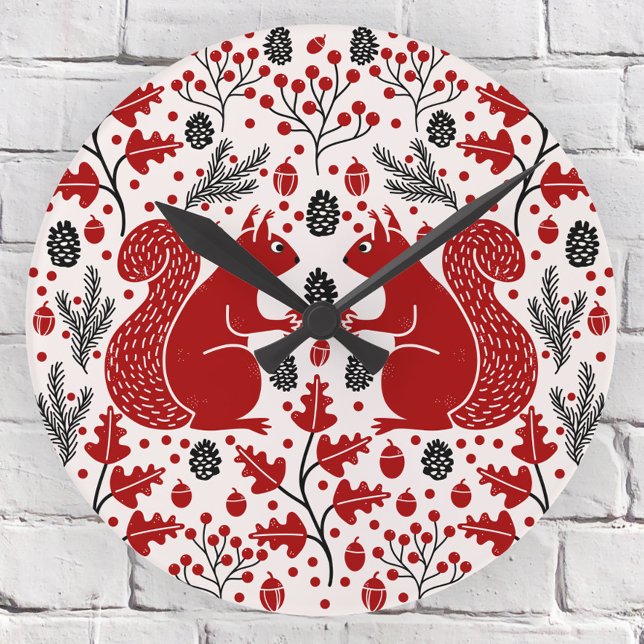 Squirrel Forest Woodland Round Clock (Squirrel in the Forest pattern woodland wall clock)
