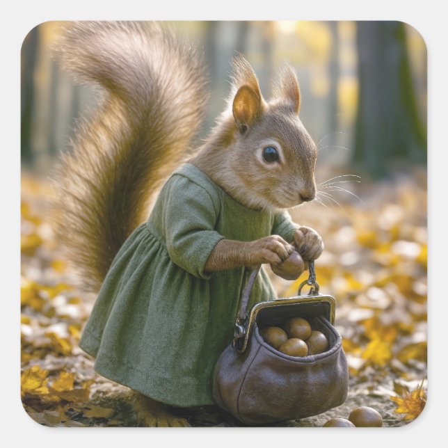 Squirrel Gathering Nuts In Her Purse Square Sticker (Front)