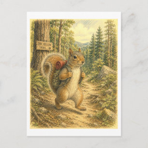 Squirrel Hiking Illustration Postcard
