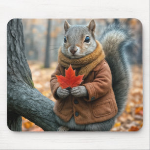 Squirrel Holding a Red Maple Leaf Mouse Mat