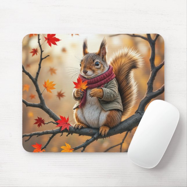 Squirrel Holding an Autumn Maple Leaf Mouse Mat (With Mouse)