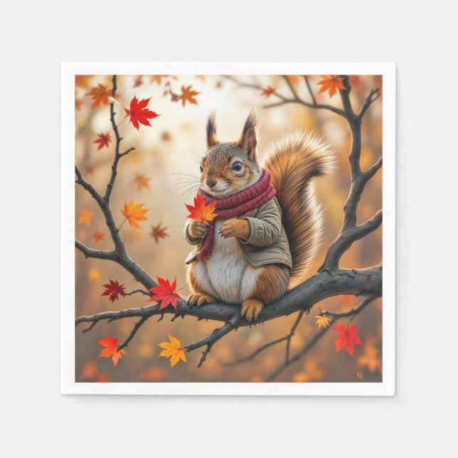 Squirrel Holding an Autumn Maple Leaf Napkin (Front)
