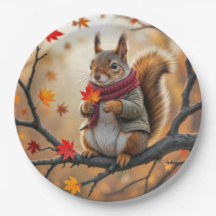 Squirrel Holding an Autumn Maple Leaf Paper Plate
