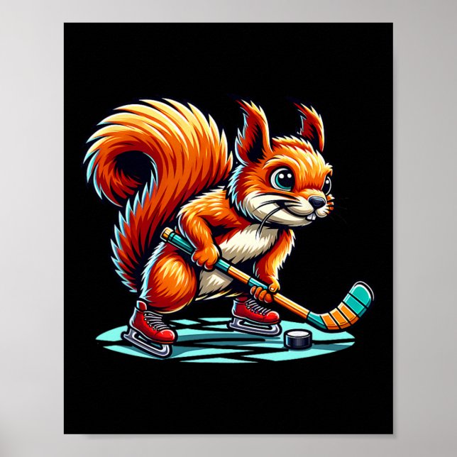 Squirrel Ice Hockey Fun Illustrated Graphic  Poster (Front)