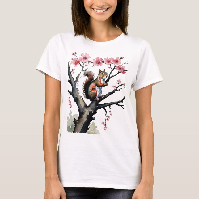 Squirrel In A Pink Cherry Blossom Tree T-Shirt (Front)