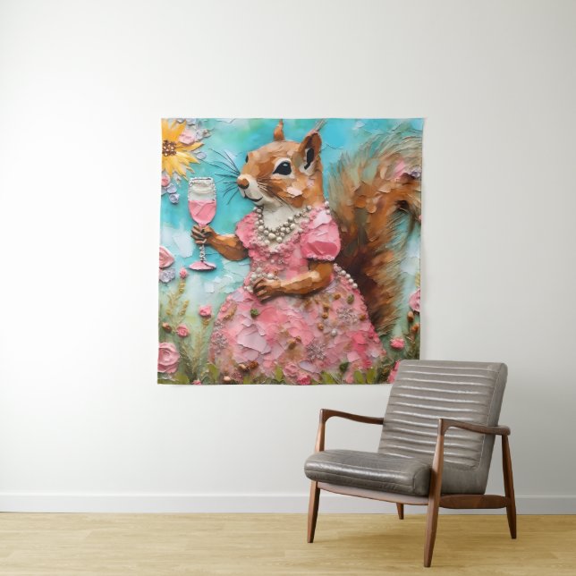 Squirrel in a Pink Dress Tapestry (In Situ)