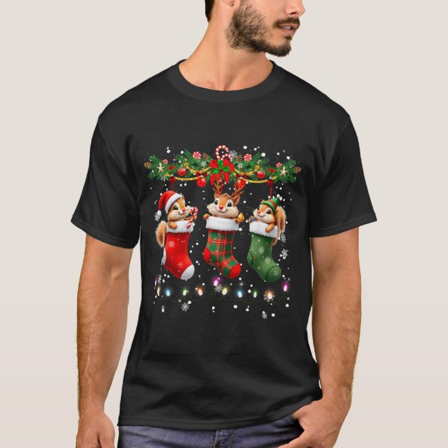 Squirrel In Christmas Socks Lights Squirrel Xmas  T-Shirt (Front)