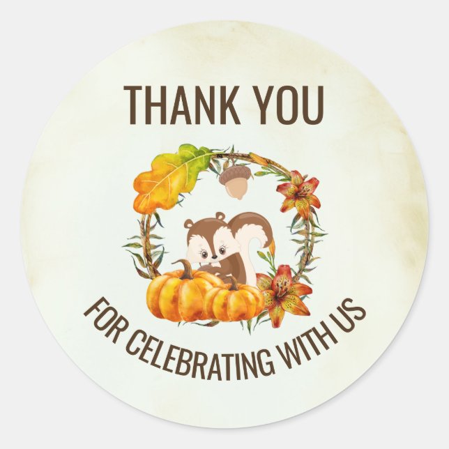 Squirrel in Floral Wreath Fall Rustic Thank You Classic Round Sticker (Front)