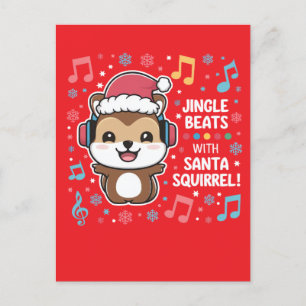 Squirrel in Headphones and Santa Hat - Jingle Beat Holiday Postcard