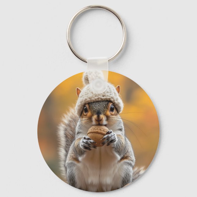 Squirrel in Knit Hat Holding Nut Key Ring (Front)