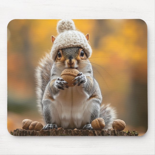 Squirrel in Knit Hat Holding Nut Mouse Mat (Front)