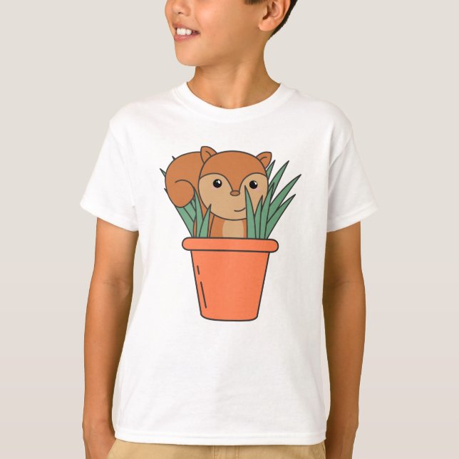Squirrel In Plant Flower Pot Flower T-Shirt (Front)