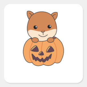 Squirrel In Pumpkin Sweet Animals Happy Halloween Square Sticker