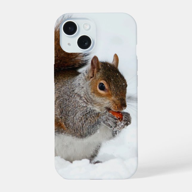 Squirrel in Snow with Berry iPhone 15 Case (Back)